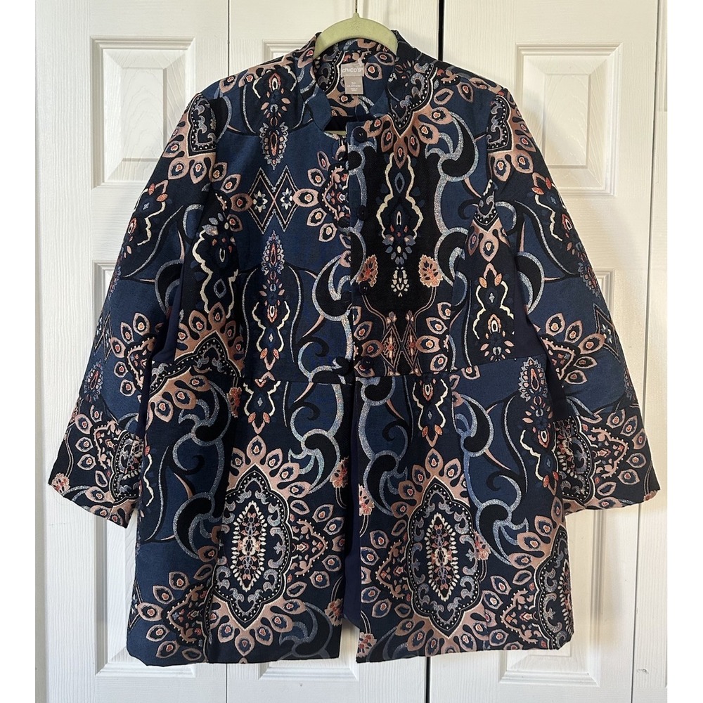 NWT CHICOS Jacquard Embroidered Jacket Blue Metallic Floral Career Boho 3P
